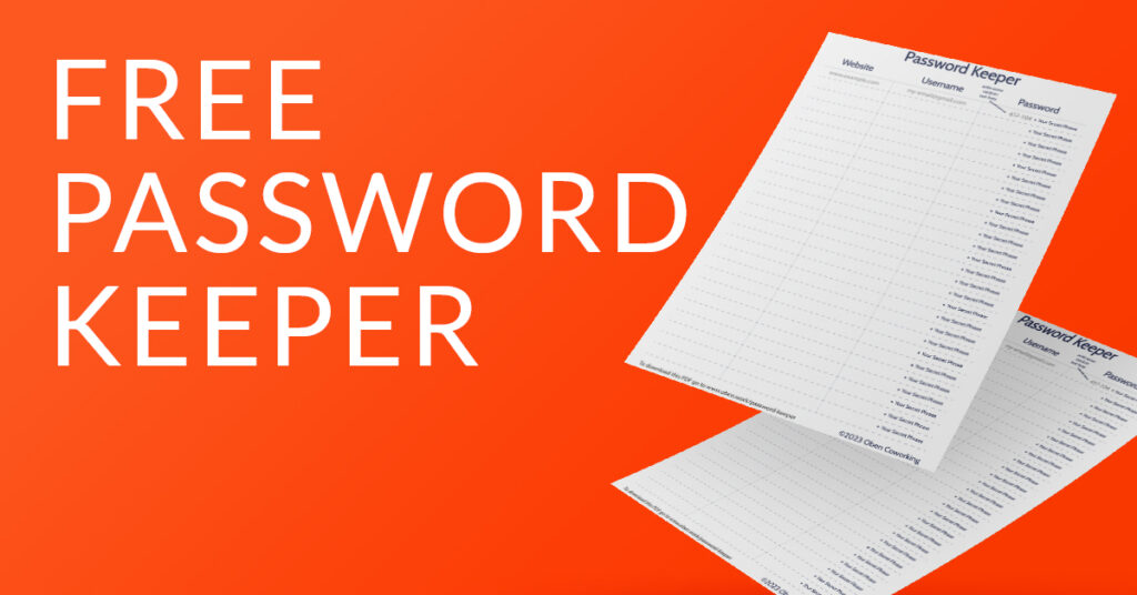Image de deux feuilles "Password Keeper" sur fond orange avec le texte "FREE PASSWORD KEEPER" en grandes lettres blanches sur le côté gauche. (Web Graphic/Icon)